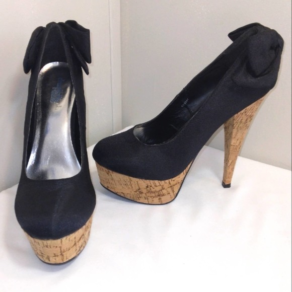 NWT Charlotte Russe 'Paloma' Black and Cork Platform Heels with bow Size 8 - Picture 12 of 12